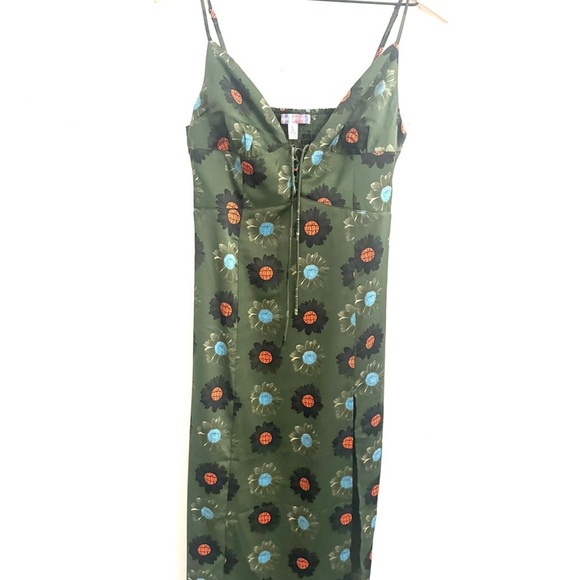 Urban Outfitters Mariah Green Floral Satin Slip Dress Side Slit - Picture 5 of 7